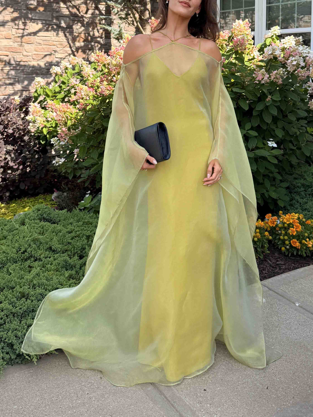 Elegant Sheer Chiffon Cape Sleeve Slip Maxi Dress