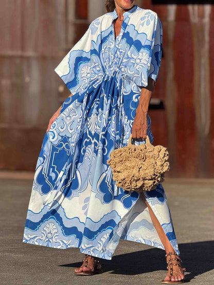 Casual Baroque Print High-Neck Kaftan Maxi Dress