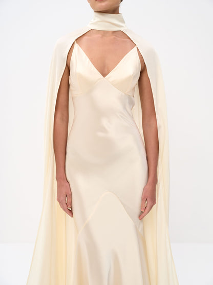 Elegant Satin Cape Sleeve Maxi Dress