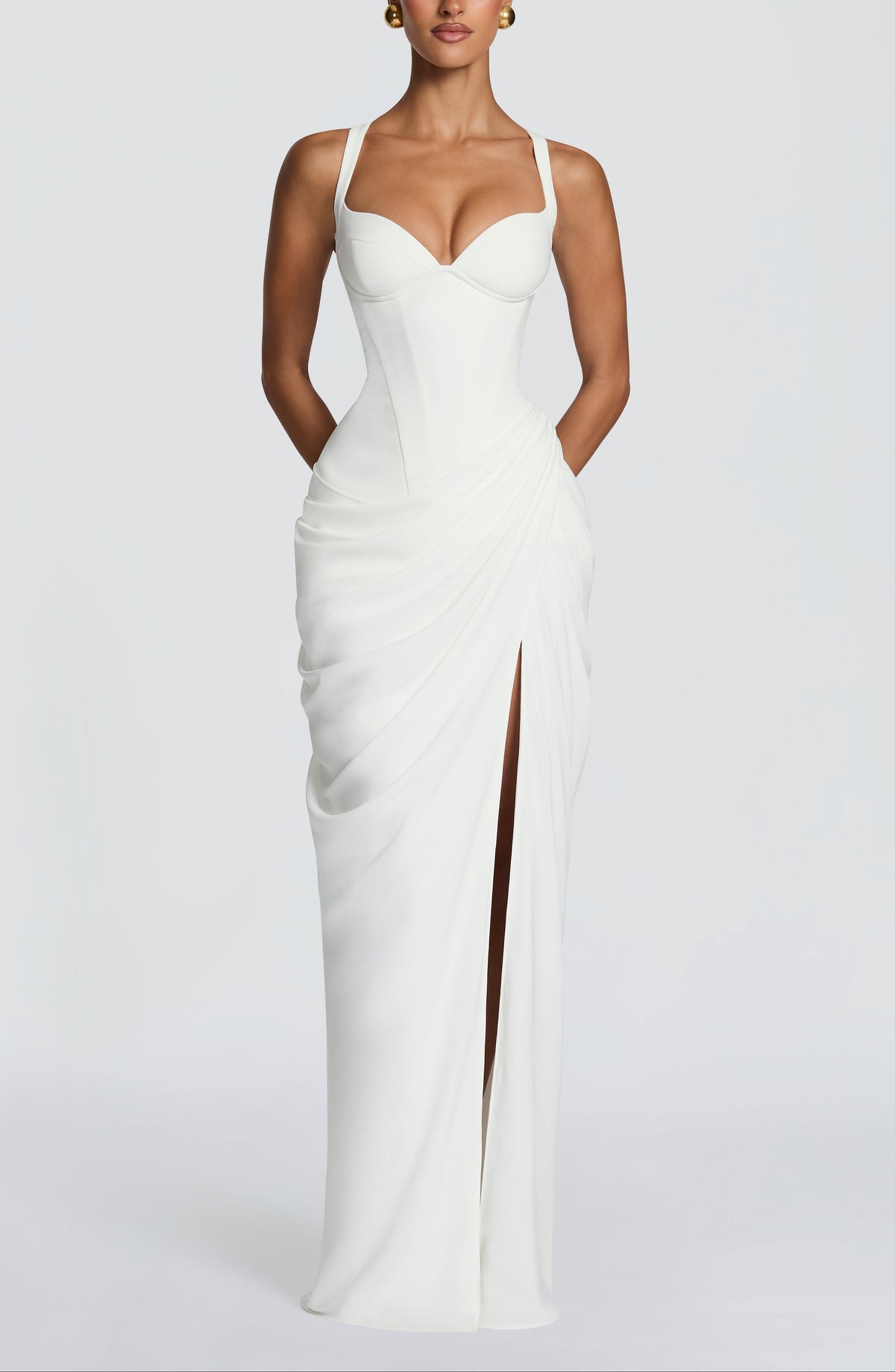 Ruched Spaghetti Strap Slit Maxi Dress