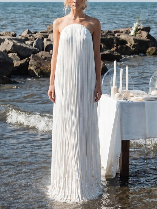 Elegant Strapless Fringe Maxi Dress