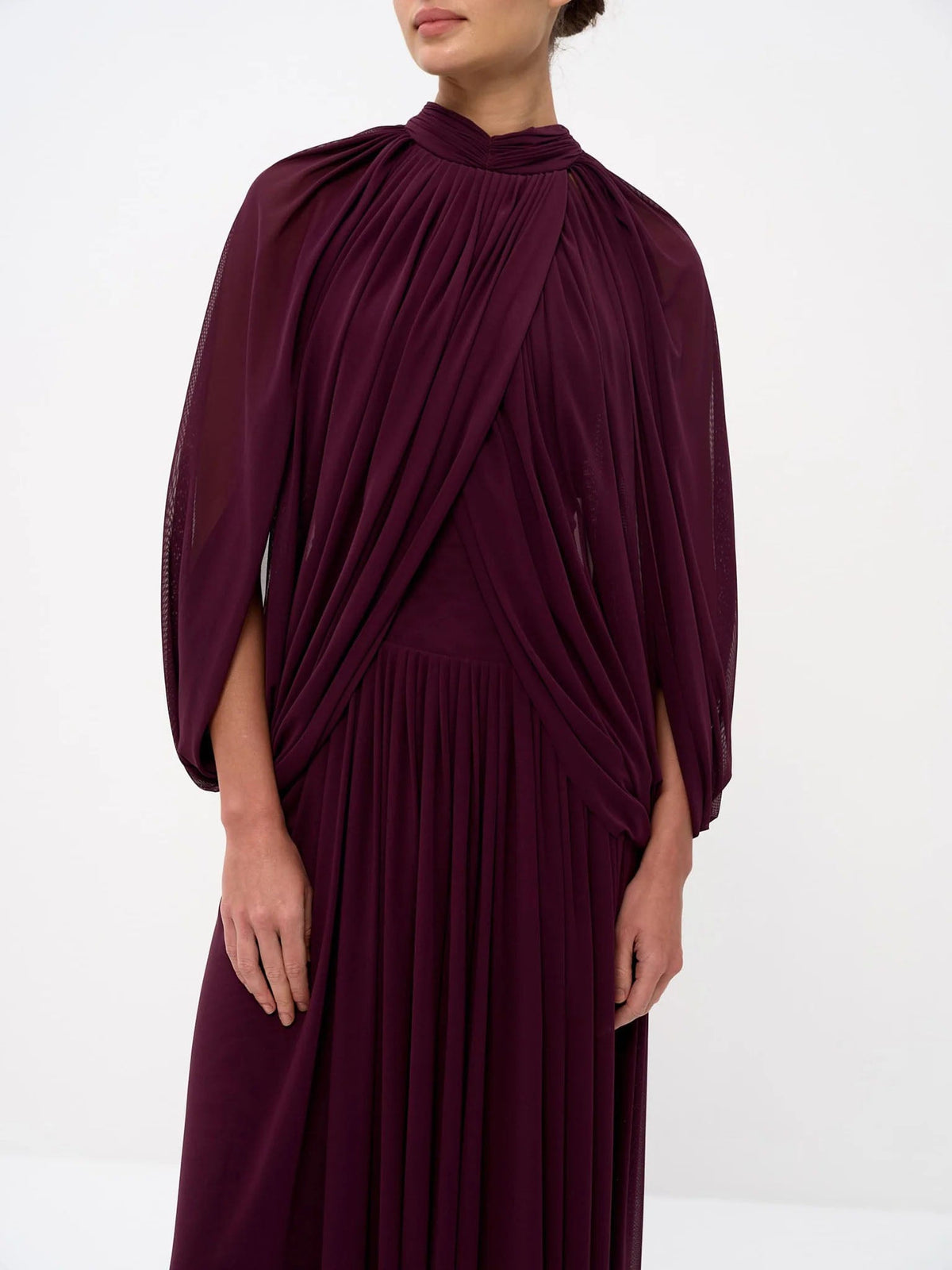 Elegant Draped Cape Sleeve Pleated Maxi Dress