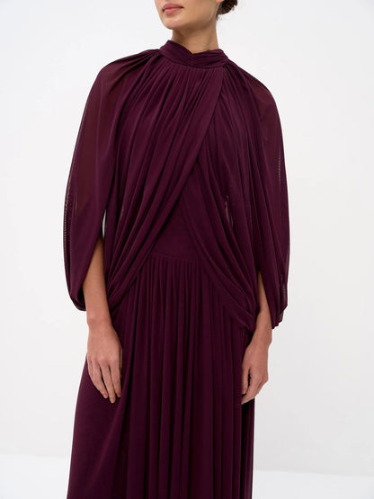 Elegant Draped Cape Sleeve Pleated Maxi Dress