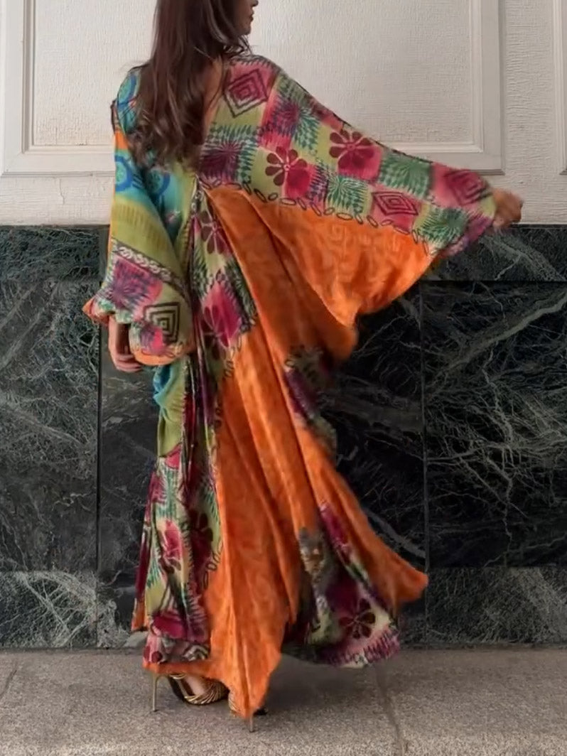 Retro Bohemian Floral Print V-Neck Kaftan Maxi Dress
