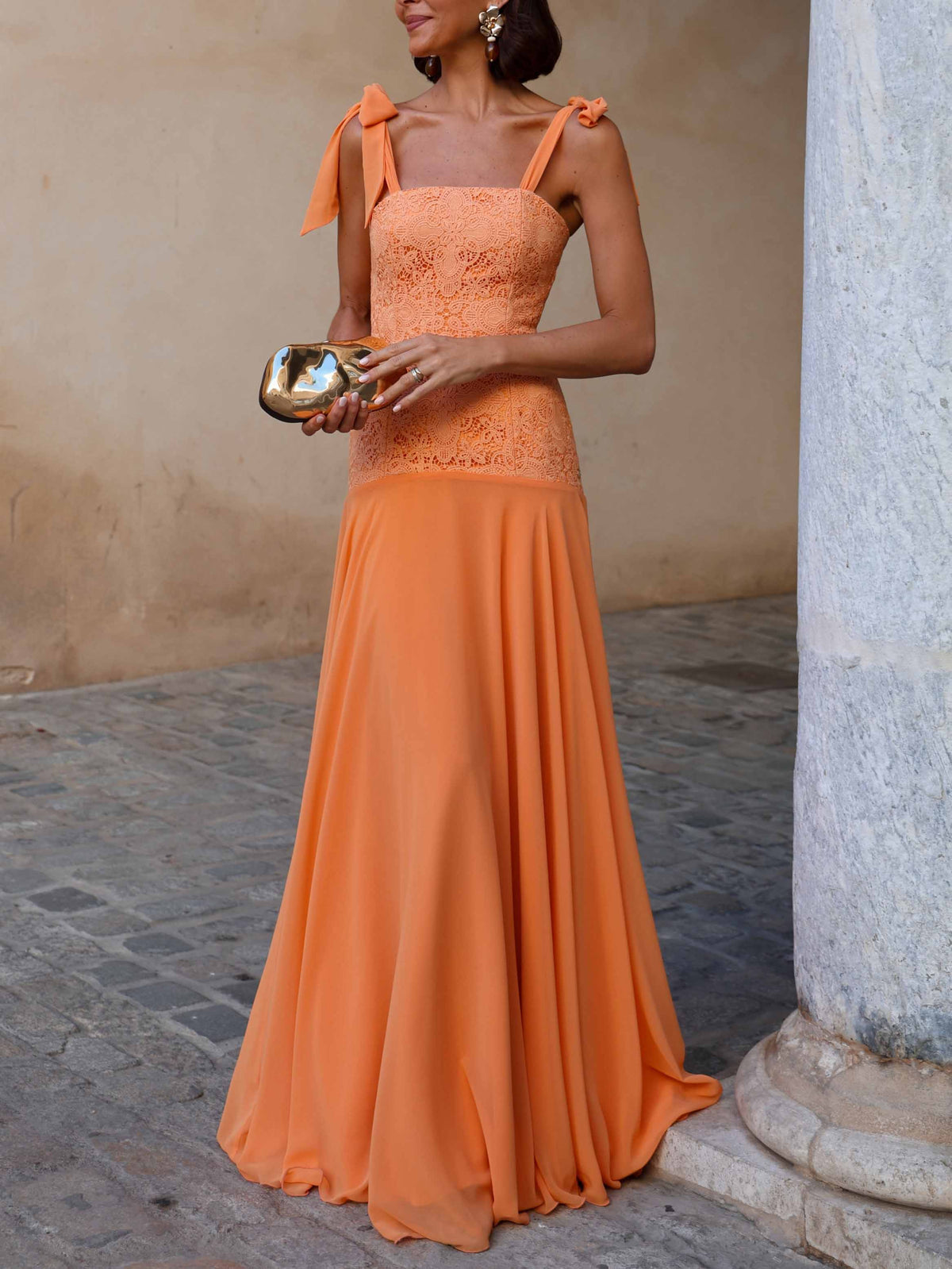 Elegant Lace Bodice Tie-Shoulder Chiffon Maxi Dress
