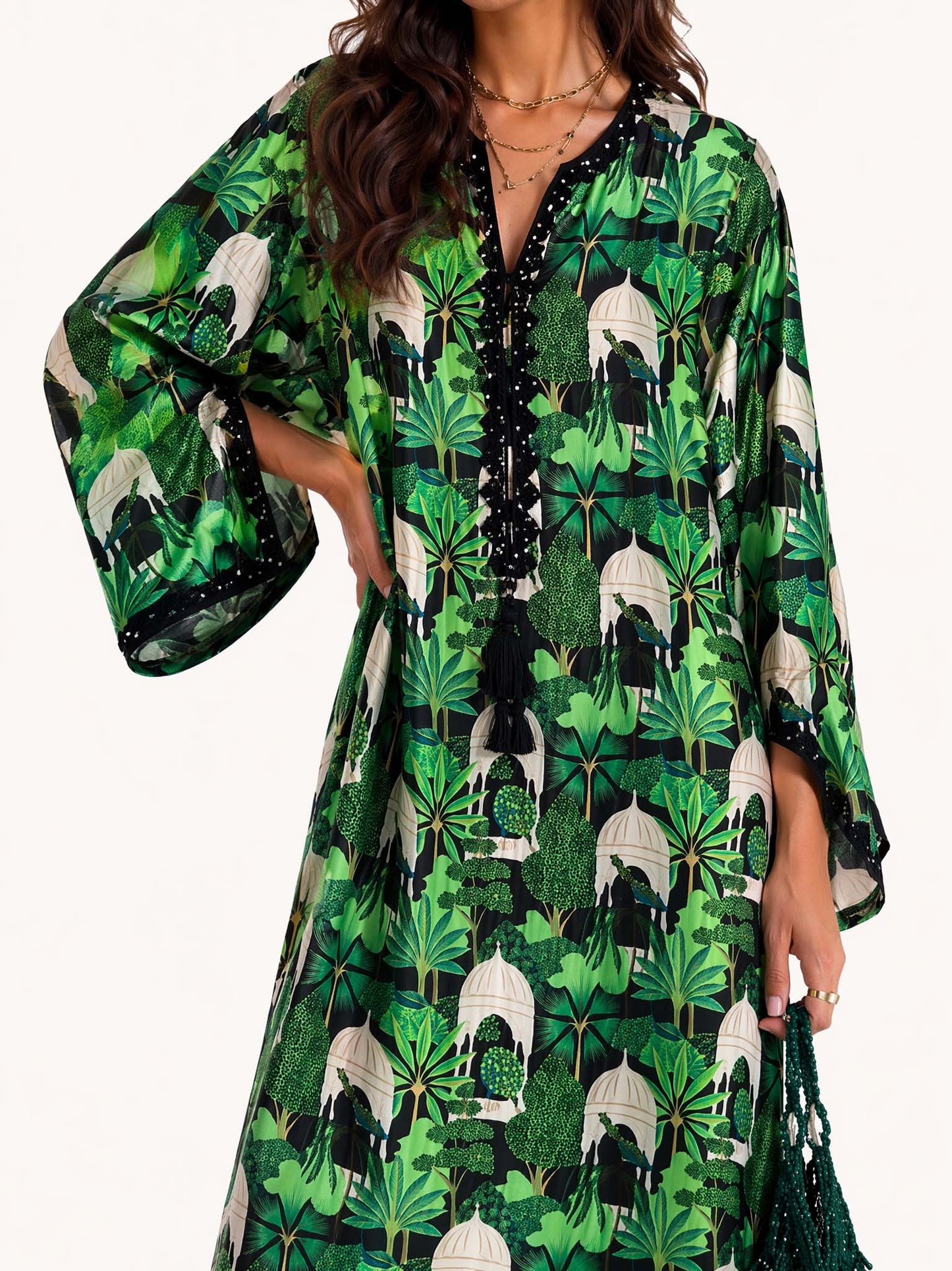 Emerald Oasis Scenic Print Tassel Maxi Dress