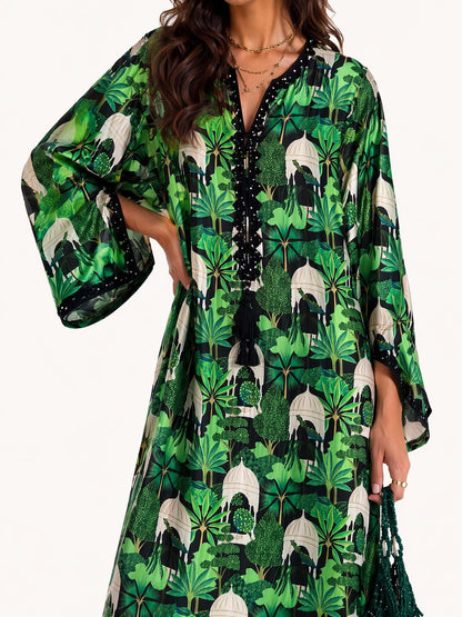 Emerald Oasis Scenic Print Tassel Maxi Dress