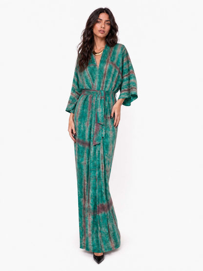 V-Neck Printed Slit Streamer Design Maxi Dress
