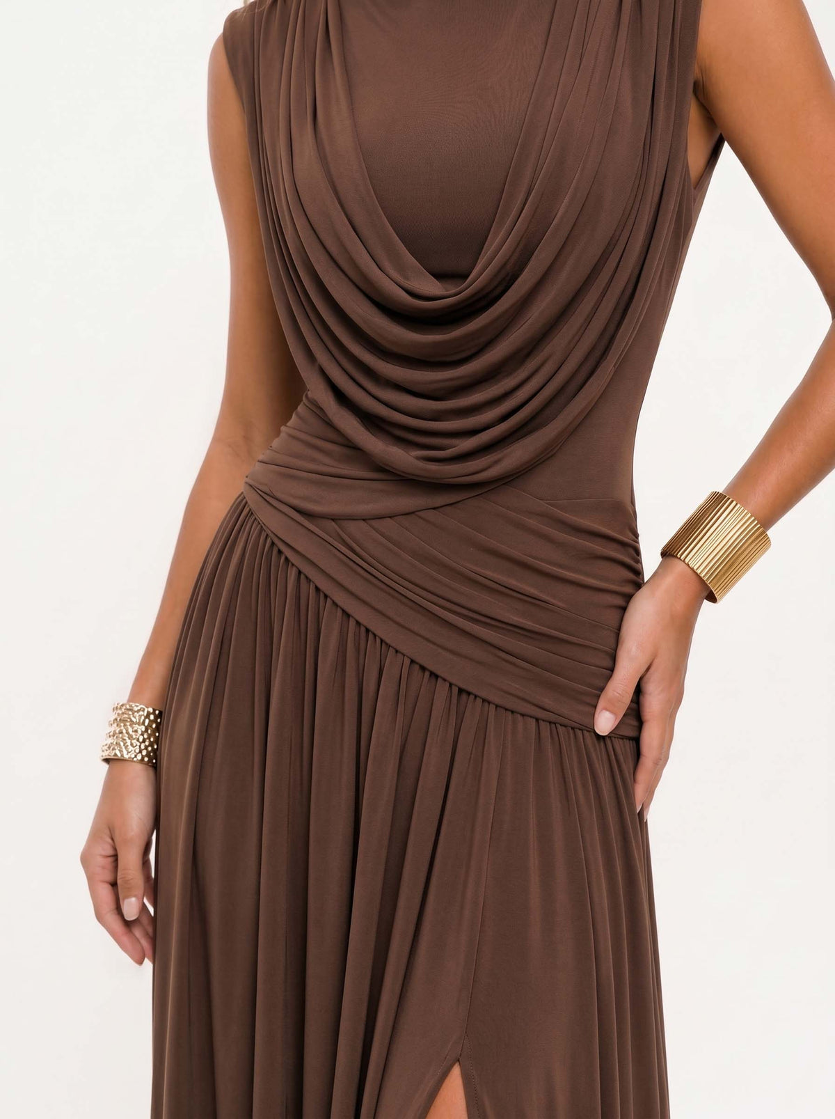 Elegant Draped Ruched High Slit Party Maxi Dress