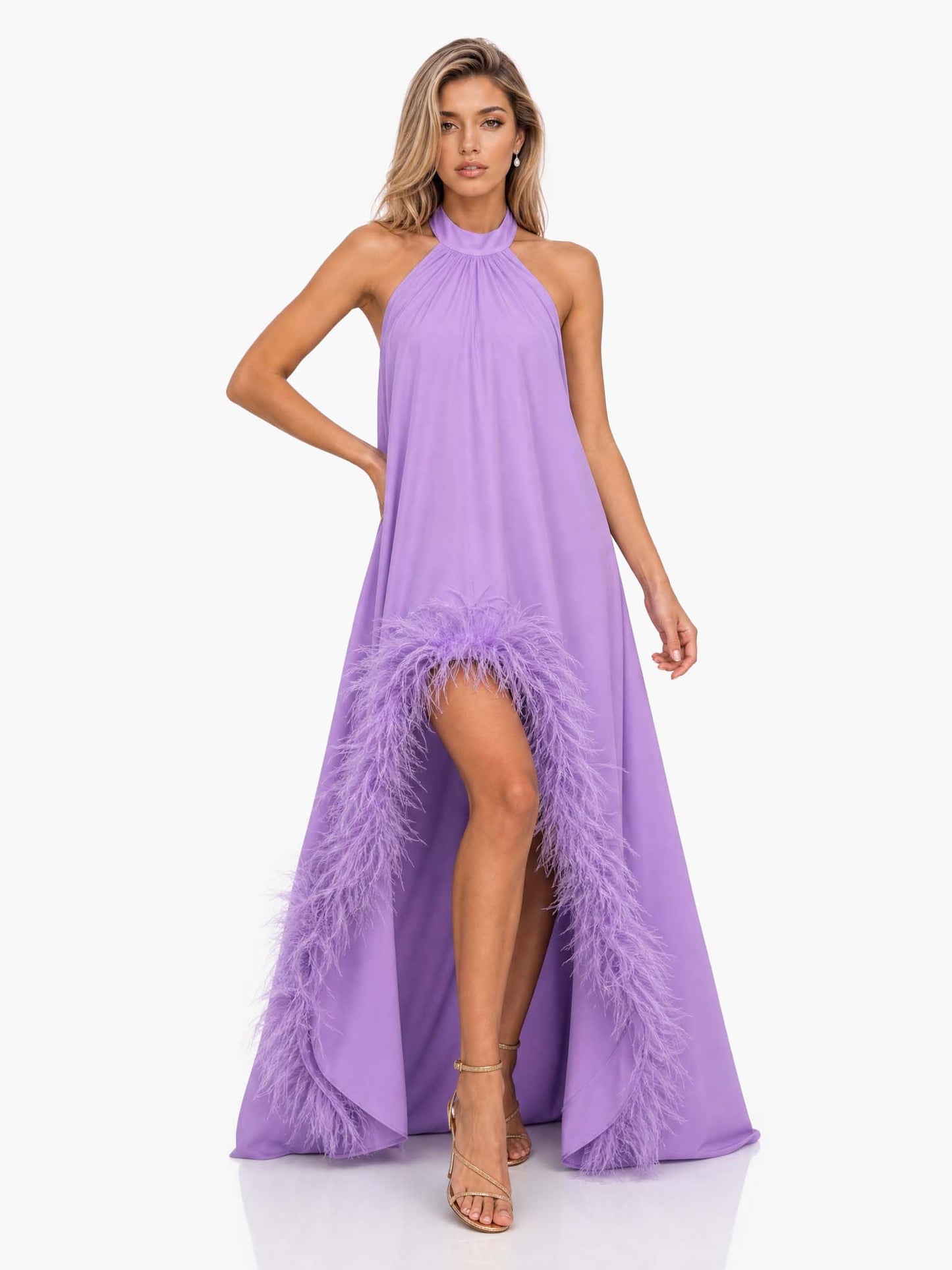 Elegant Halter Neck Sleeveless Feather Trim Satin Maxi Dress