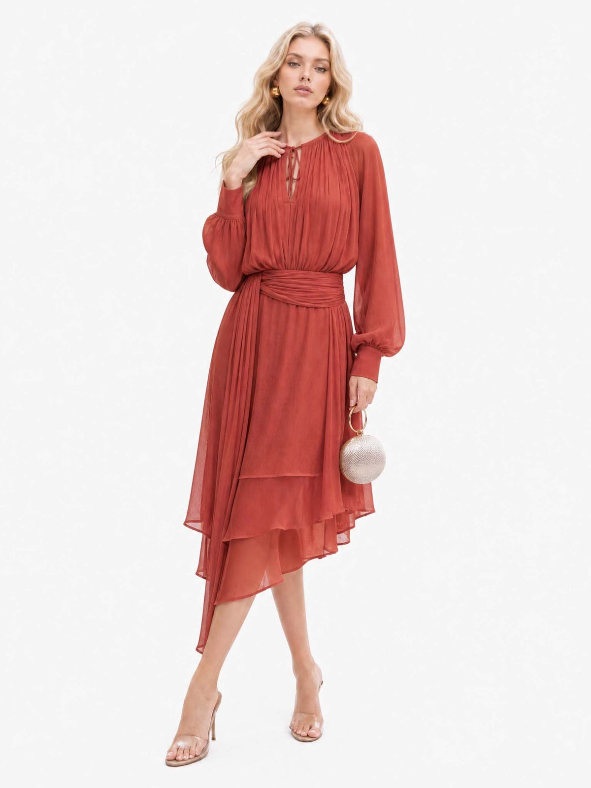 Asymmetrical Hem Long Sleeve Chiffon Midi Dress