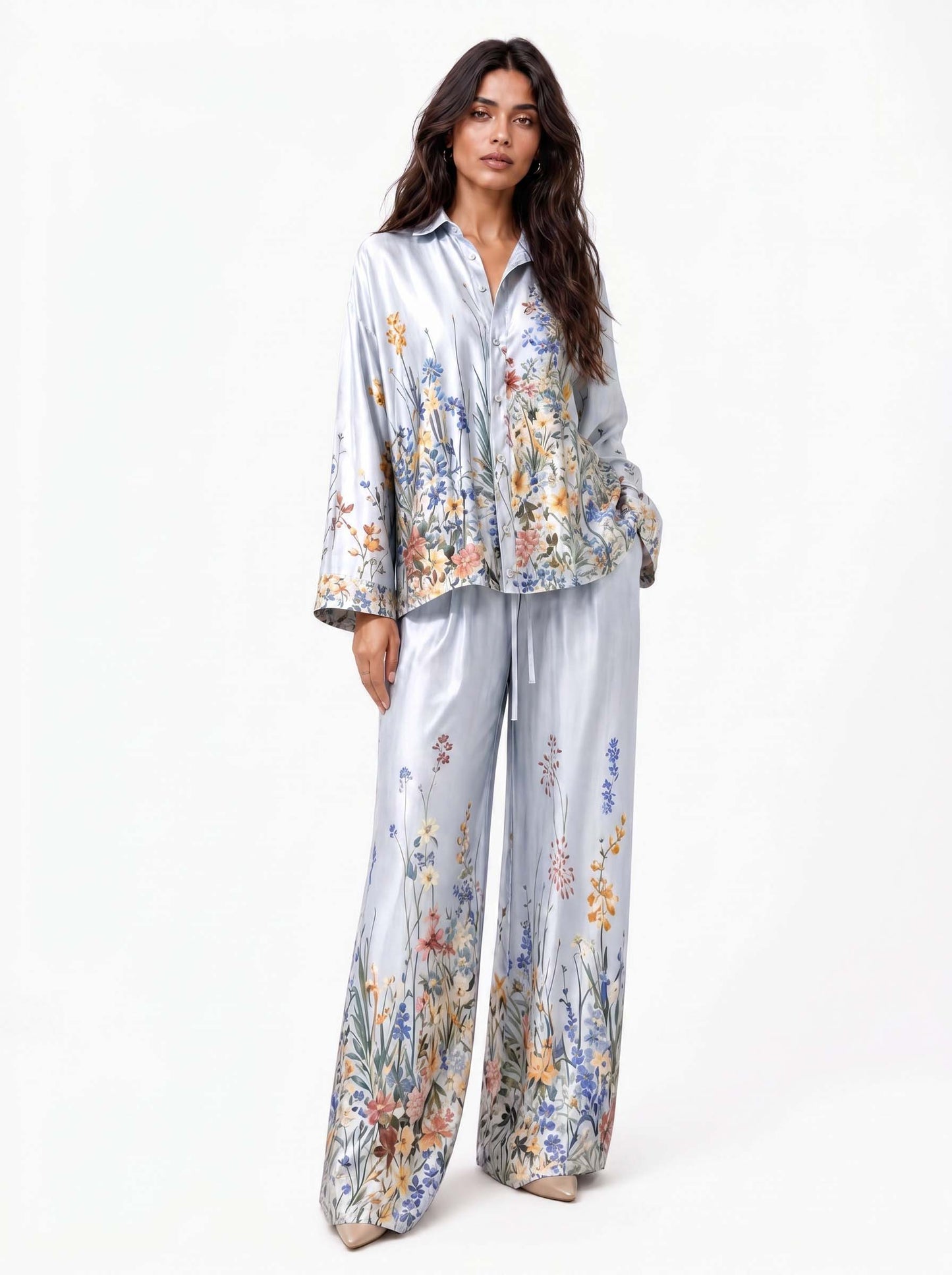 Elegant Floral Print Satin Shirt & Wide Leg Pants Set