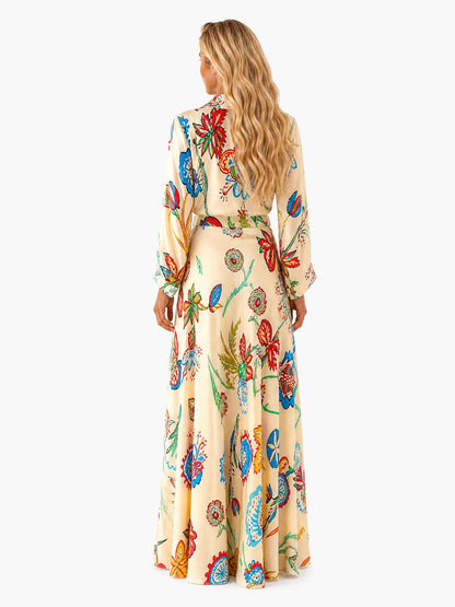 Retro Colorful Floral Print Tie-Front Shirt & Maxi Skirt Two-Piece Set