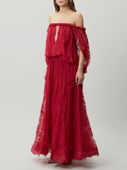Sexy Braided Trim Deep V-Neck Flowing Lace Maxi Dress