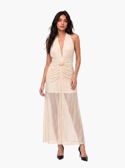 Elegant Deep V-Neck Cutout Lace Maxi Dress
