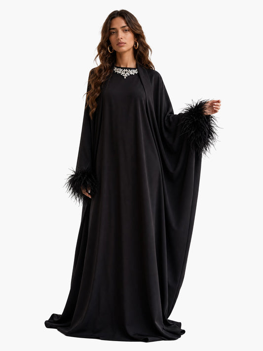 Elegant Feather-Trim Long Cardigan & Maxi Dress Set