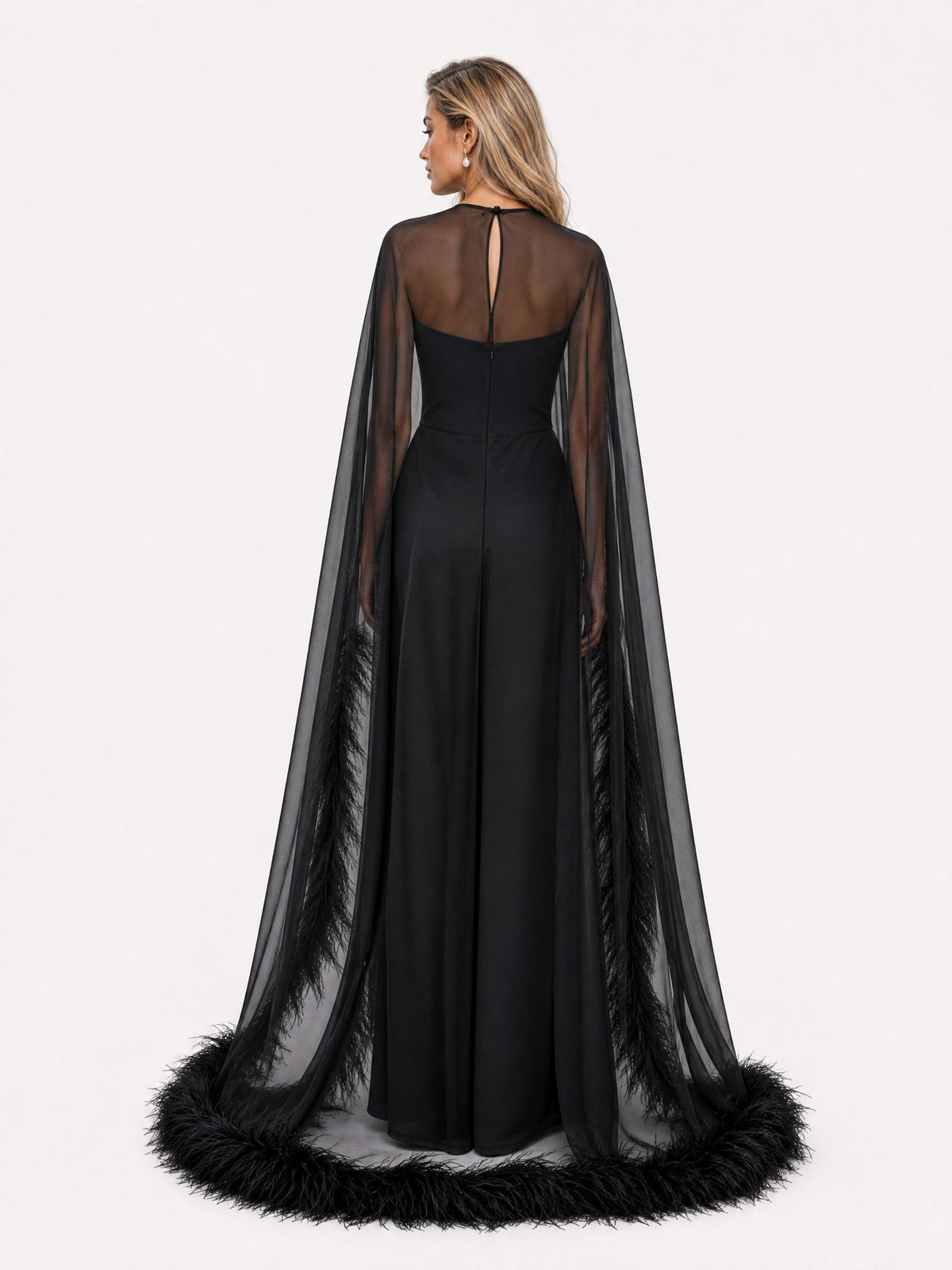 Elegant Feather Trim Chiffon Shawl Black Satin Maxi Dress