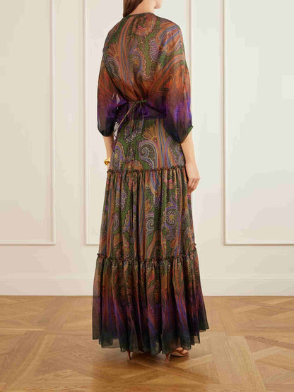 Retro Paisley Print Sheer Chiffon Two-Piece Set