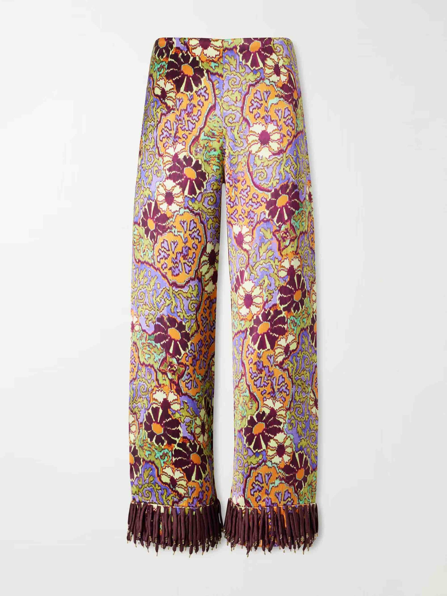Exquisite Retro Floral Print Tassel Top & Wide-Leg Pants Two-Piece Set