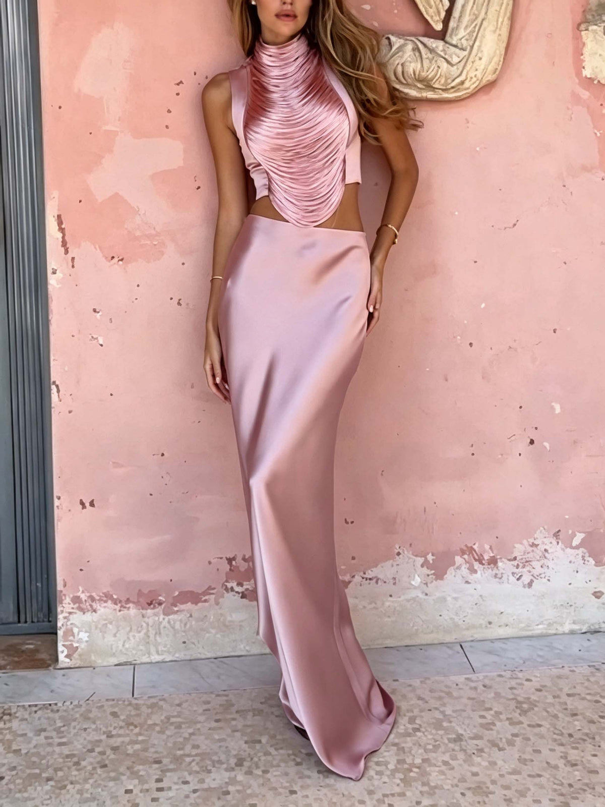 Elegant Ruched Halter Crop Top & Satin Maxi Skirt Two-Piece Set