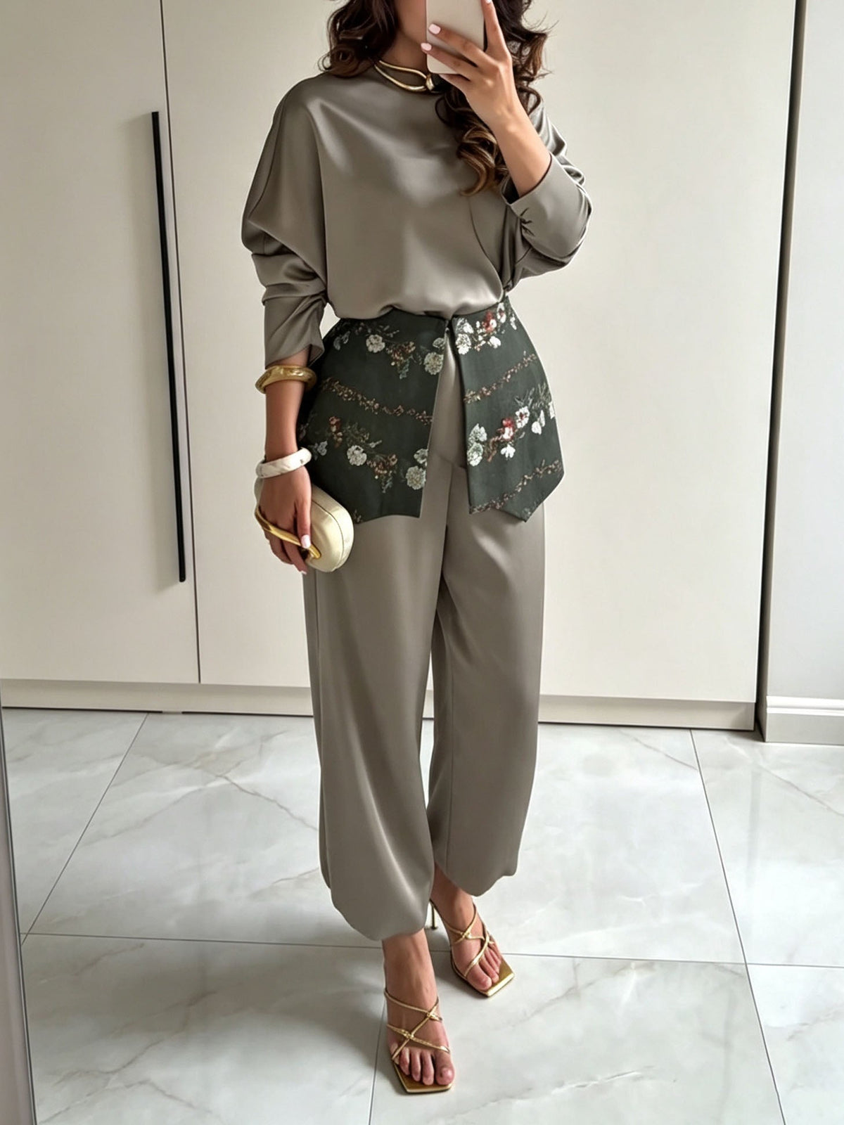 Retro Embroidered Waist Belt Satin Shirt & Harem Pants Set