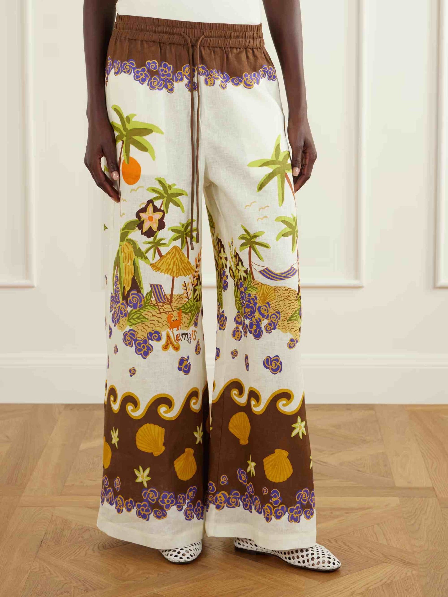 Retro Tropical Print Shirt & Wide-Leg Pants Two-Piece Set