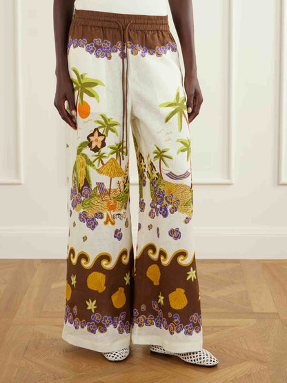Retro Tropical Print Shirt & Wide-Leg Pants Two-Piece Set