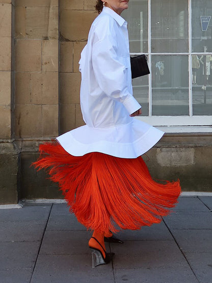 Elegant Ruffle Hem Fringe Shirt Dress