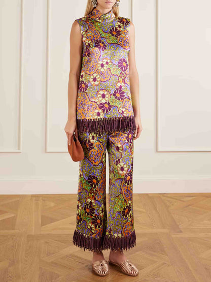 Exquisite Retro Floral Print Tassel Top & Wide-Leg Pants Two-Piece Set