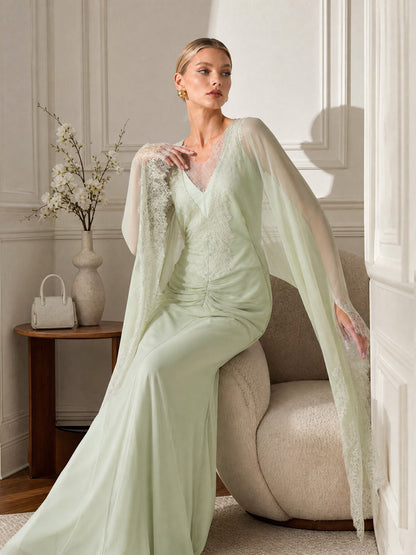 Elegant Lace-Trim Cape Sleeve Ruched Maxi Dress
