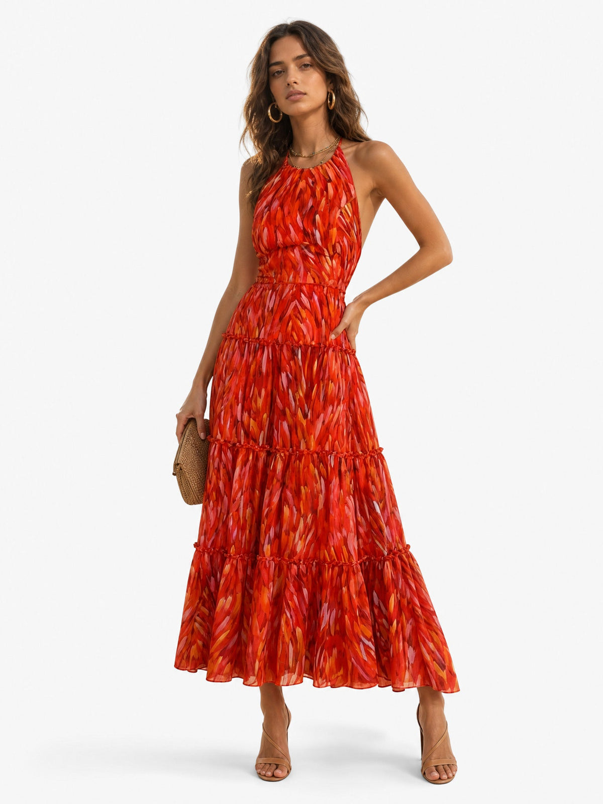 Elegant Halter Neck Abstract Print Tiered Maxi Dress