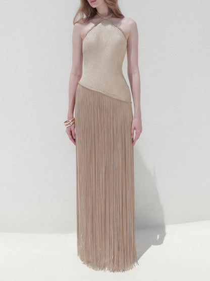 Elegant Backless Knitted Tassel Maxi Dress