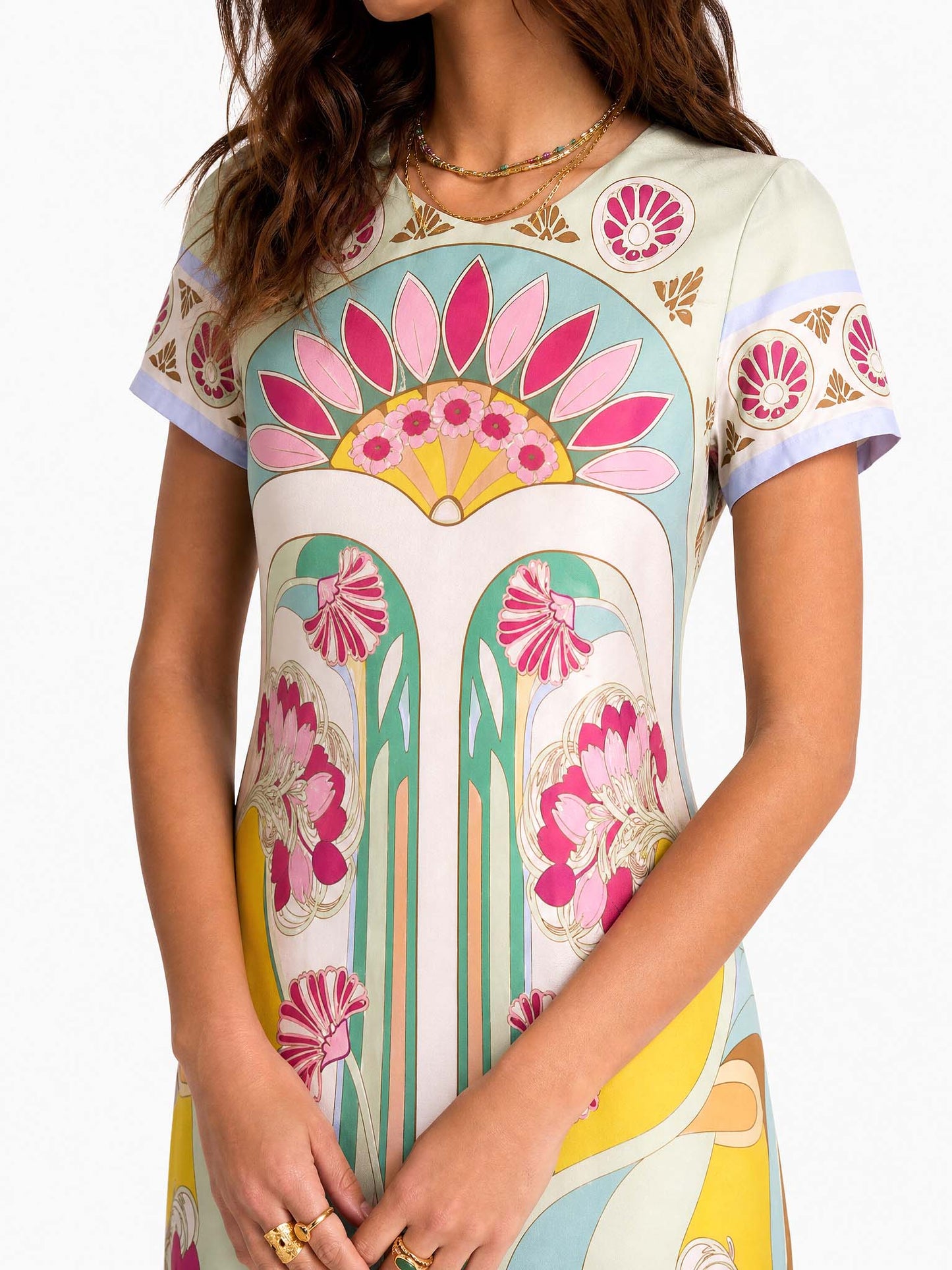 Art Nouveau Floral Feather Hem Midi Dress