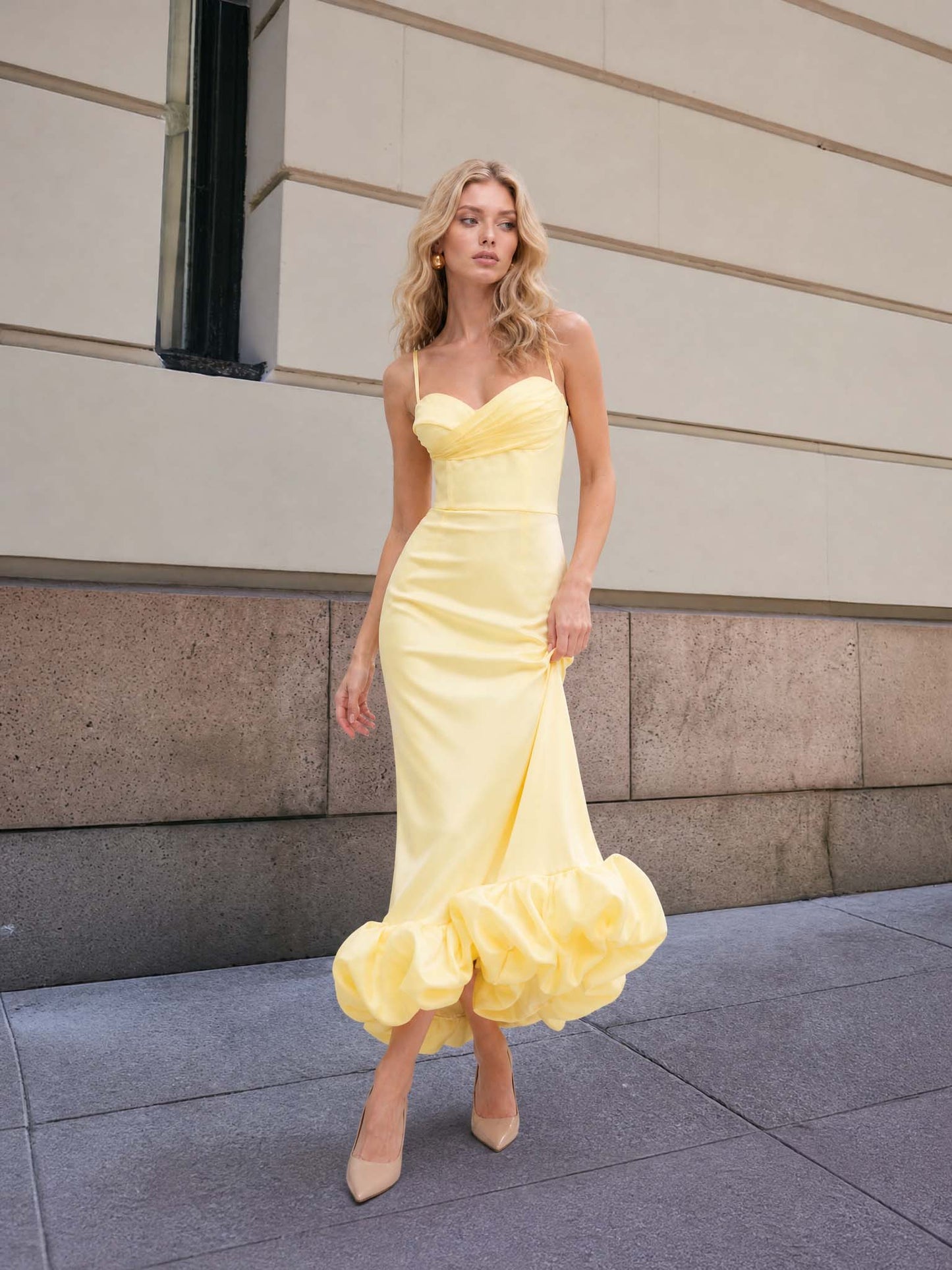 Elegant Sweetheart Ruffle Hem Satin Maxi Dress