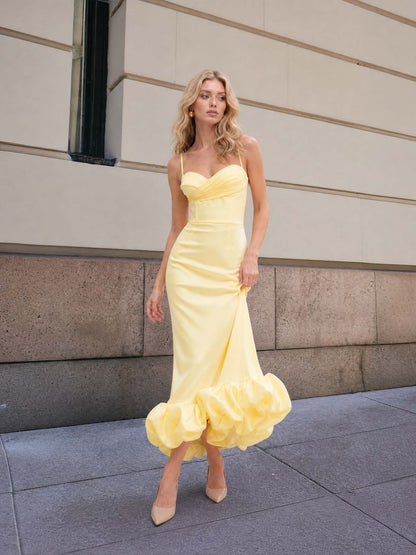 Elegant Sweetheart Ruffle Hem Satin Maxi Dress