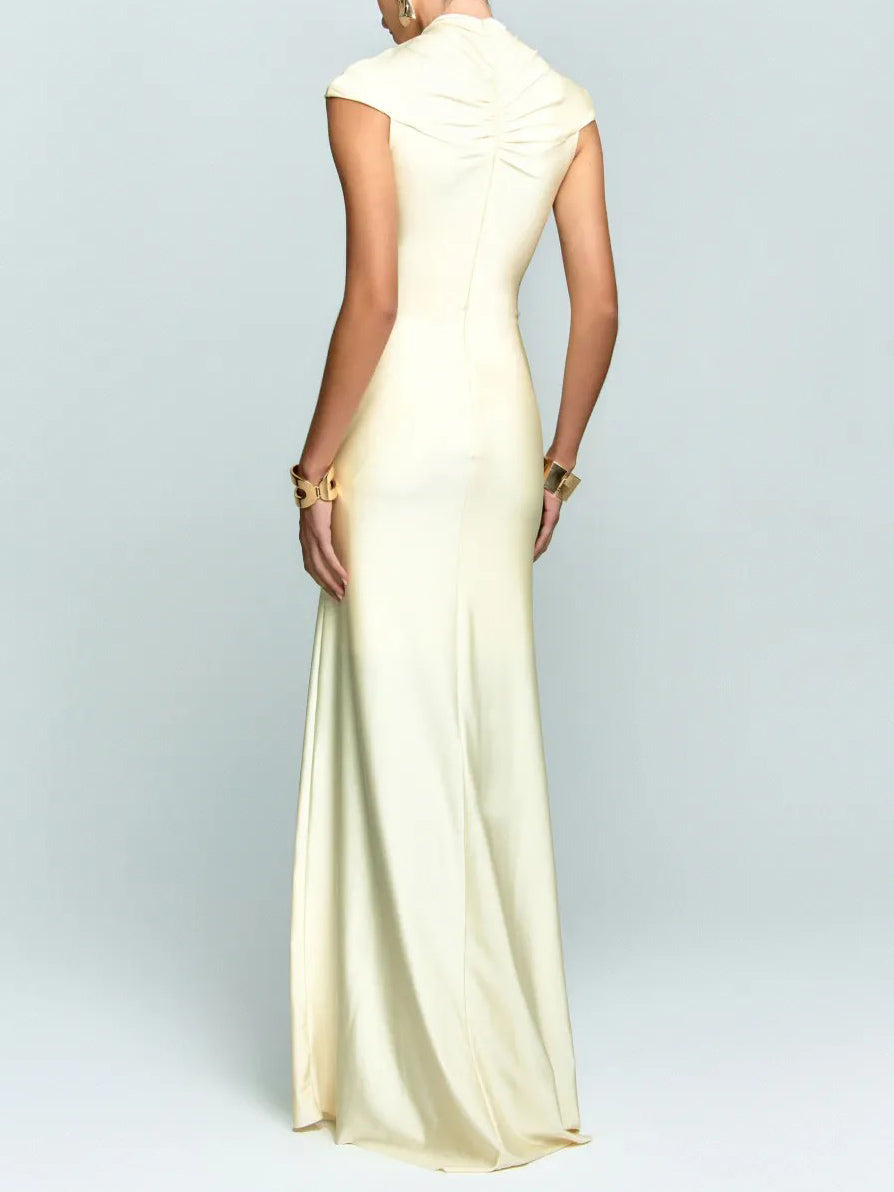 Elegant High-Neck Cap Sleeve Ruched Satin Maxi Dress