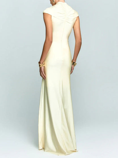 Elegant High-Neck Cap Sleeve Ruched Satin Maxi Dress