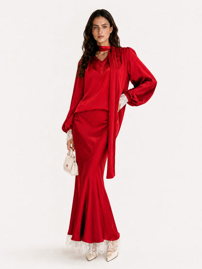 Elegant Puff Sleeve Satin Top & Lace Trim Maxi Skirt Two-Piece Set