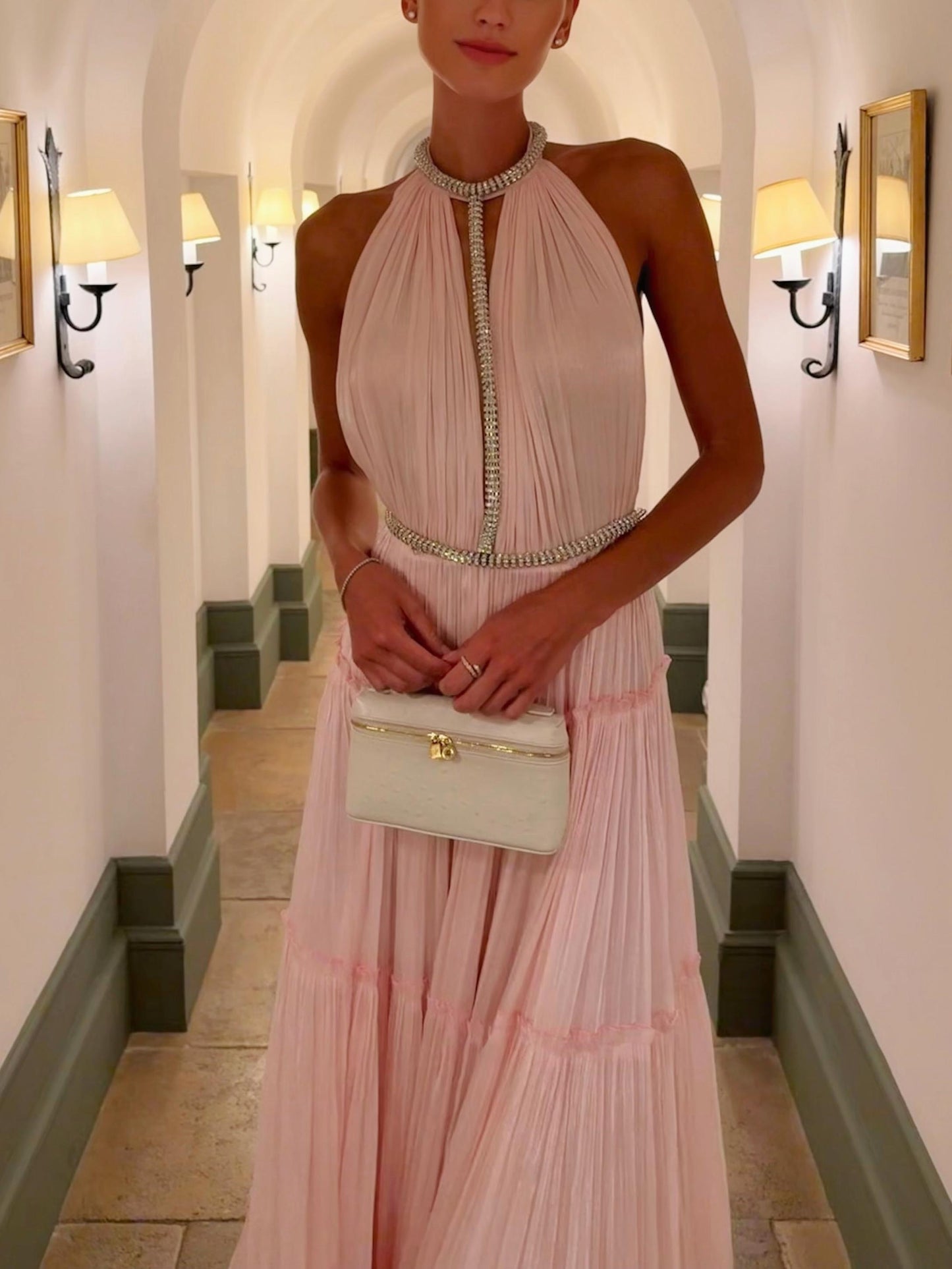 Rhinestone Halter Neck Tiered Pleated Shiny Maxi Dress