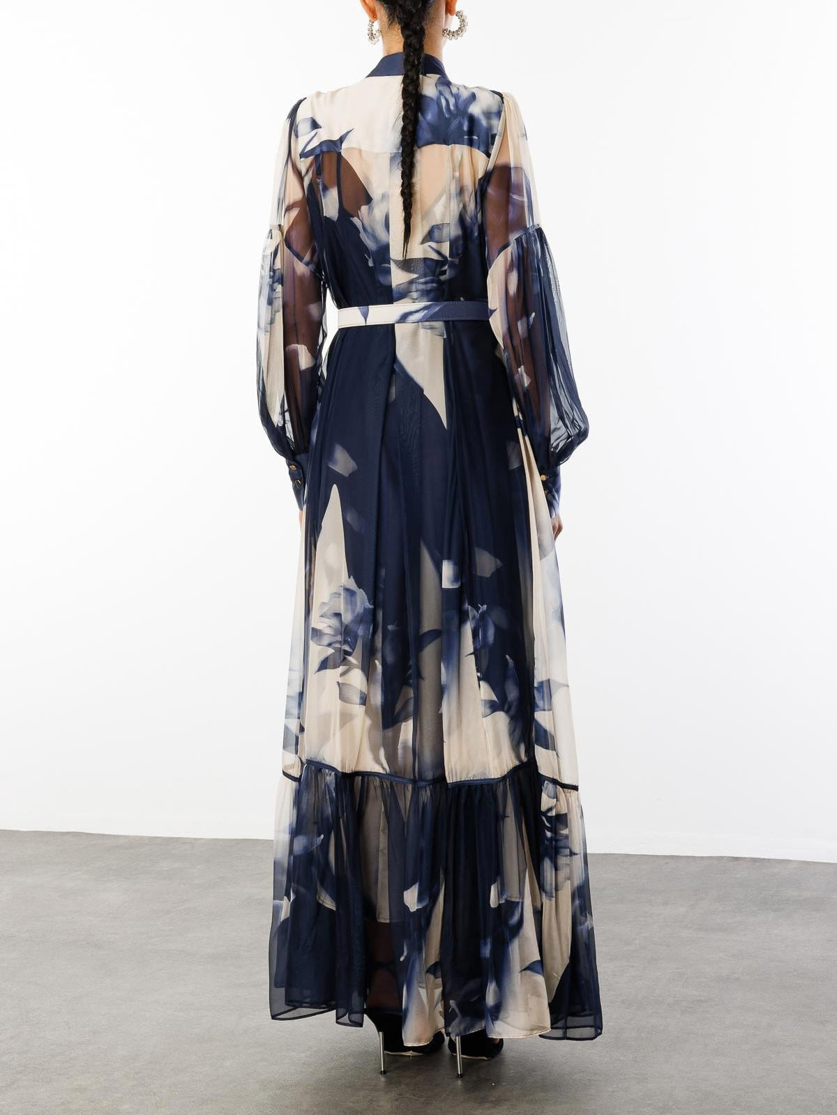 Elegant Abstract Floral Print Sheer Chiffon Maxi Dress