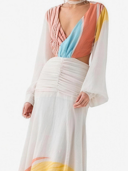 Open Back Colorblock Plunge Maxi Dress