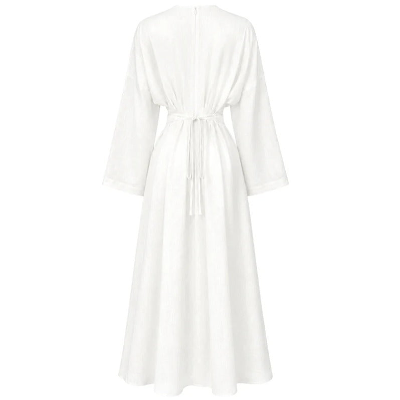 Elegant Pleated Long Sleeve Pocket Maxi Dress
