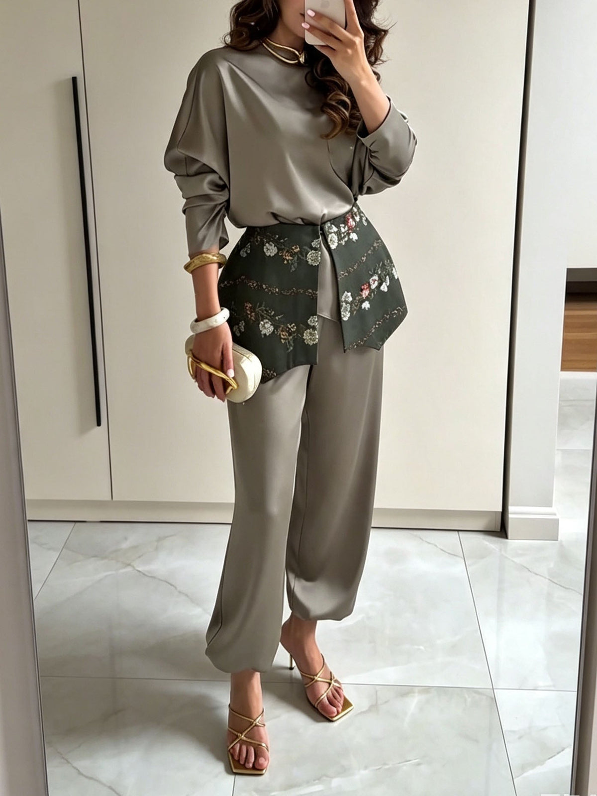 Retro Embroidered Waist Belt Satin Shirt & Harem Pants Set