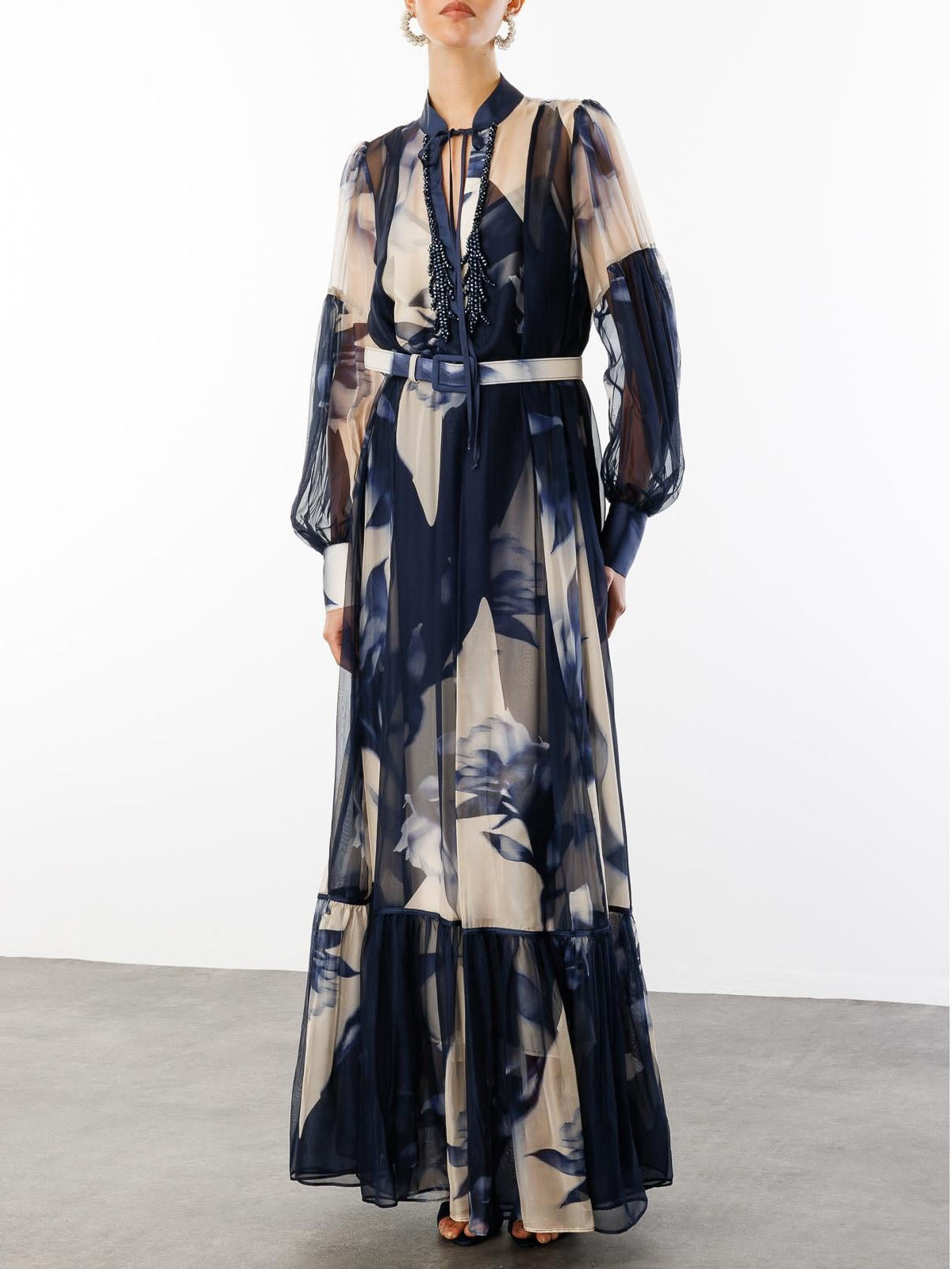 Elegant Abstract Floral Print Sheer Chiffon Maxi Dress