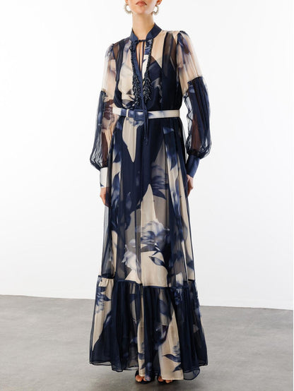 Elegant Abstract Floral Print Sheer Chiffon Maxi Dress