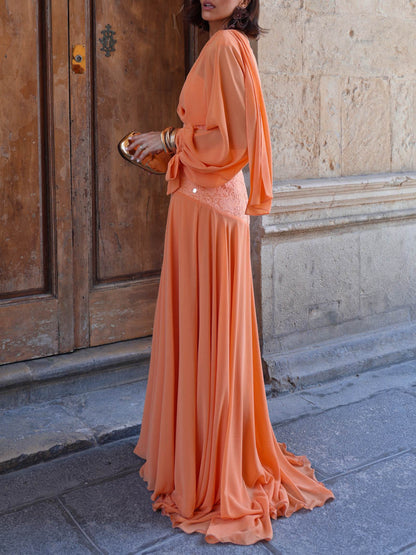 Elegant Lace Bodice Tie-Shoulder Chiffon Maxi Dress