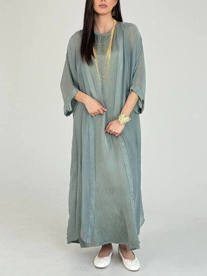 Elegant Satin Maxi Dress & Sheer Chiffon Cardigan Two-Piece Set