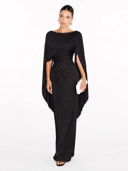 Boat Neck Pleated Slim Fit Maxi Dress