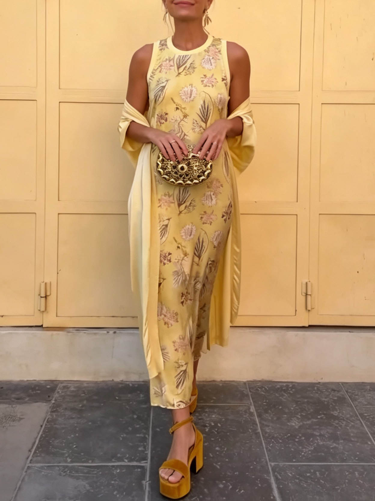 Elegant Botanical Print Sleeveless Midi Dress Two-Piece Set
