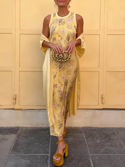 Elegant Botanical Print Sleeveless Midi Dress Two-Piece Set